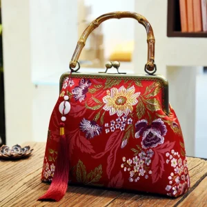 Classic Red Flowers Lock Bags Mother Gift Bag Chain Bags Women's Handbags Fringe Tassel Vintage Women Shoulder Crossbody Bag